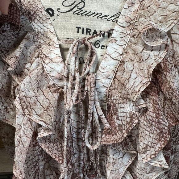 Anthropologie Snake Print Ruffled V Neck Long Sleeve Blouse Sz M Classic Boho - Picture 8 of 10
